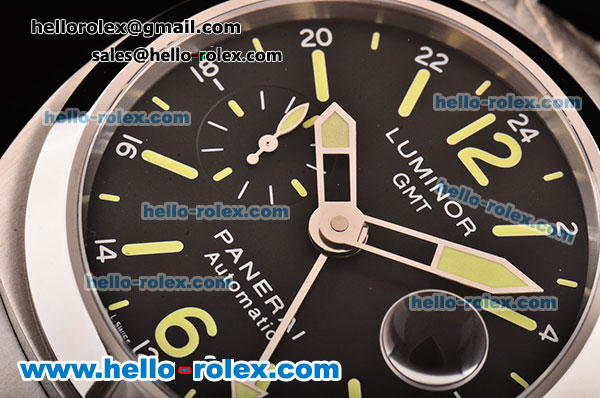 Panerai Luminor GMT PAM00088 Swiss Valjoux 7750-SHG-MD Black Dial with Green Stick/Numeral Markers and Stainless Steel Strap - 1:1 Original - Click Image to Close