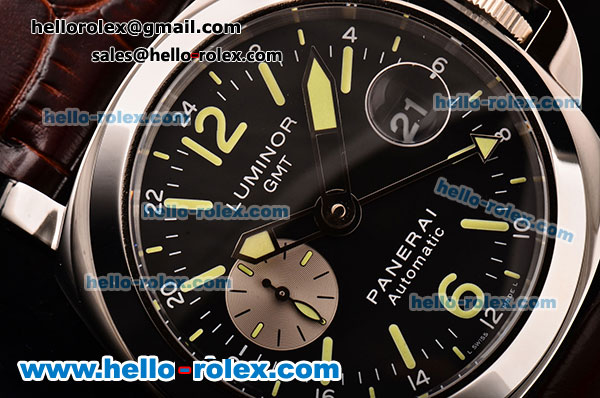 Panerai Luminor GMT PAM00088 Swiss Valjoux 7750-SHG-MD Black Dial with Green Stick/Numeral Markers and Brown Leather Strap - 1:1 Original - Click Image to Close