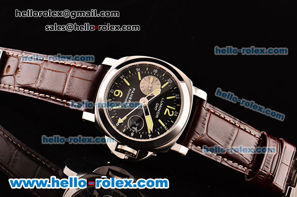 Panerai Luminor GMT PAM00088 Swiss Valjoux 7750-SHG-MD Black Dial with Green Stick/Numeral Markers and Brown Leather Strap - 1:1 Original - Click Image to Close