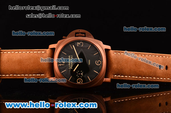 Panerai Luminor 1950 3 Days Clone P.3000 Manual Winding Brown PVD Case with Black Dial and Brown Leather Strap - Click Image to Close