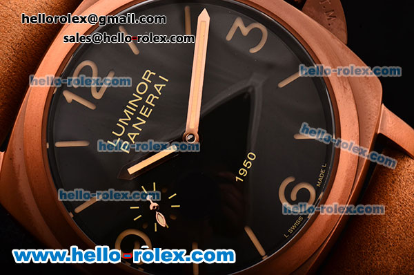 Panerai Luminor 1950 3 Days Clone P.3000 Manual Winding Brown PVD Case with Black Dial and Brown Leather Strap - Click Image to Close