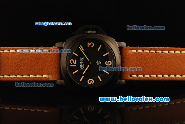 Panerai Luminor PAM 360 Swiss ETA 6497 Manual Winding Movement PVD Case with Black Dial and Brown Leather Strap - Click Image to Close