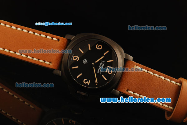 Panerai Luminor PAM 360 Swiss ETA 6497 Manual Winding Movement PVD Case with Black Dial and Brown Leather Strap - Click Image to Close