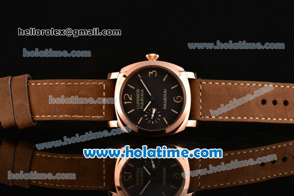 Panerai PAM 422 Luminor Marina Asia 6497 Manual Winding Rose Gold Case with Brown Leather Strap Stick/Numeral Markers and Black Dial - Click Image to Close