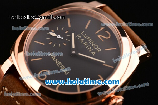 Panerai PAM 422 Luminor Marina Asia 6497 Manual Winding Rose Gold Case with Brown Leather Strap Stick/Numeral Markers and Black Dial - Click Image to Close