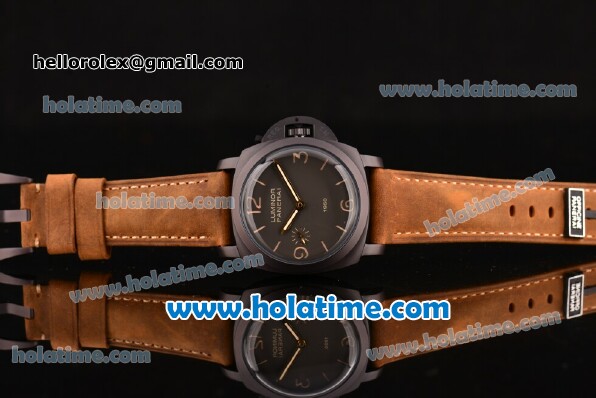 Panerai PAM00375 Luminor 1950 Clone P.3000 Manual Winding Titanium Case with Brown Leather Strap and Yellow Markers - 1:1 Original (Z) - Click Image to Close