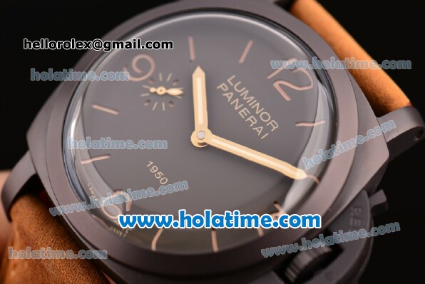 Panerai PAM00375 Luminor 1950 Clone P.3000 Manual Winding Titanium Case with Brown Leather Strap and Yellow Markers - 1:1 Original (Z) - Click Image to Close