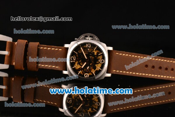 Panerai Luminor Marina 1950 3 Days PAM 426 Asia 6497 Manual Winding Steel Case with Skeleton Black Skull Dial and Brown Leather Strap - Click Image to Close
