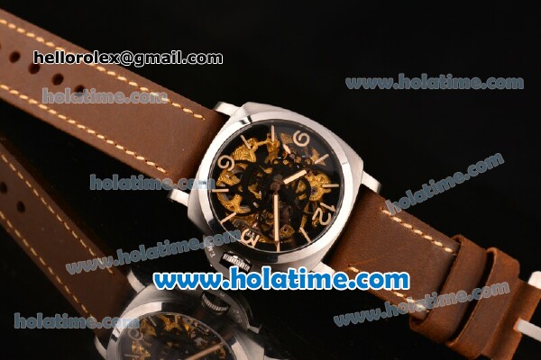Panerai Luminor Marina 1950 3 Days PAM 426 Asia 6497 Manual Winding Steel Case with Skeleton Black Skull Dial and Brown Leather Strap - Click Image to Close