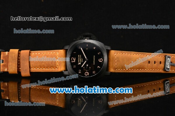Panerai Luminor 1950 3 Days GMT PAM 00441 Clone P.9000 Automatic Titanium Case with Black Dial and Yellow Arabic Numeral Markers - 1:1 Original - Click Image to Close