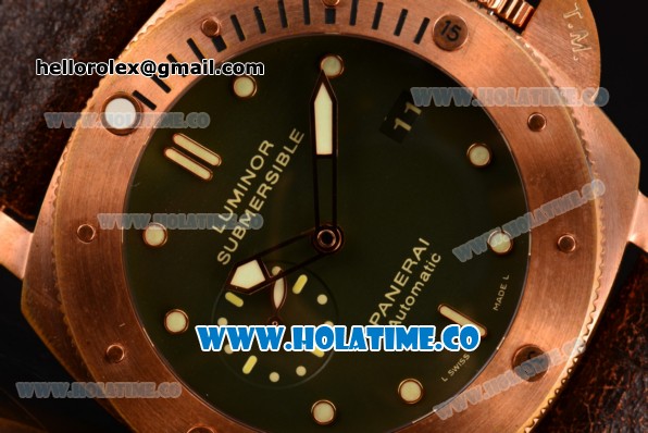 Panerai Luminor Submersible 1950 3 Days PAM 382 Clone P.9000 Automatic Bronzo Case with Dot Markers and Green Dial - 1:1 Original (ZF) - Click Image to Close
