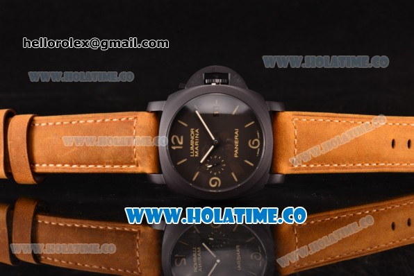 Panerai Luminor Marina 1950 3 Days PAM 386 Clone P.9000 Automatic PVD Case with Black Dial Brown Leather Strap and Stick/Numeral Markers - 1:1 Original - Click Image to Close