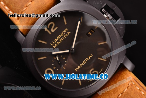 Panerai Luminor Marina 1950 3 Days PAM 386 Clone P.9000 Automatic PVD Case with Black Dial Brown Leather Strap and Stick/Numeral Markers - 1:1 Original - Click Image to Close