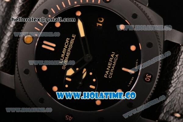 Panerai Submersible 1950 3 Days PAM 508 Clone P.9000 Automatic Ceramic Case with Yellow Markers Black Leather Strap and Black Dial - Click Image to Close