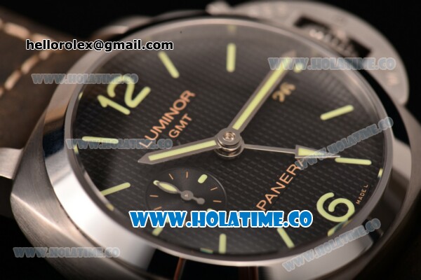Panerai Luminor 1950 3 Days GMT PAM 535 Clone P.9000 Automatic Steel Case with Black Textured Dial Luminous Markers and Brown Leather Strap (KW) - Click Image to Close