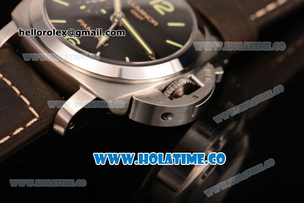 Panerai Luminor 1950 3 Days GMT PAM 535 Clone P.9000 Automatic Steel Case with Black Textured Dial Luminous Markers and Brown Leather Strap (KW) - Click Image to Close