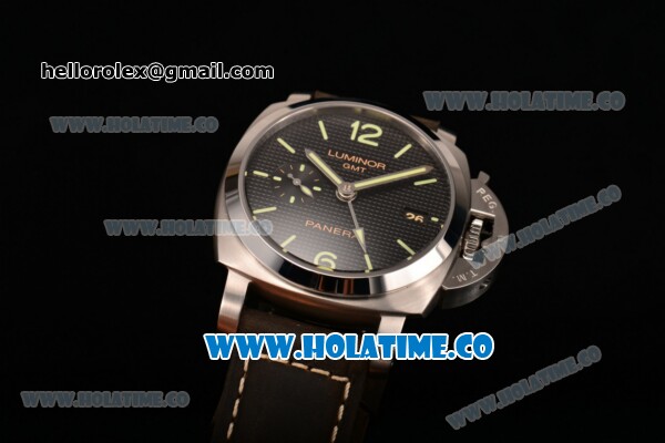 Panerai Luminor 1950 3 Days GMT PAM 535 Clone P.9000 Automatic Steel Case with Black Textured Dial Luminous Markers and Brown Leather Strap (KW) - Click Image to Close