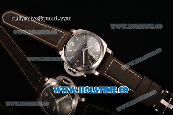 Panerai Luminor 1950 3 Days GMT PAM 535 Clone P.9000 Automatic Steel Case with Black Textured Dial Luminous Markers and Brown Leather Strap (KW) - Click Image to Close