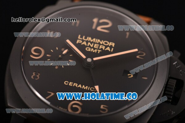 Panerai Luminor 1950 3 Days GMT Automatic Ceramica PAM441 Clone P.9000 Automatic Ceramic Case with Brown Leather Strap Black Dial and Arabic Numeral Markers (ZF) - Click Image to Close