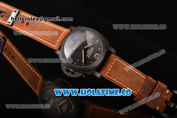 Panerai Luminor 1950 3 Days GMT Automatic Ceramica PAM441 Clone P.9000 Automatic Ceramic Case with Brown Leather Strap Black Dial and Arabic Numeral Markers (ZF) - Click Image to Close