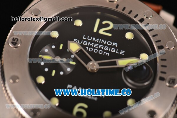 Panerai Luminor Submersible PAM 024 Swiss Valjoux 7750 Automatic Steel Case with Brown Leather Strap Black Dial and Luminous Markers (H) - Click Image to Close