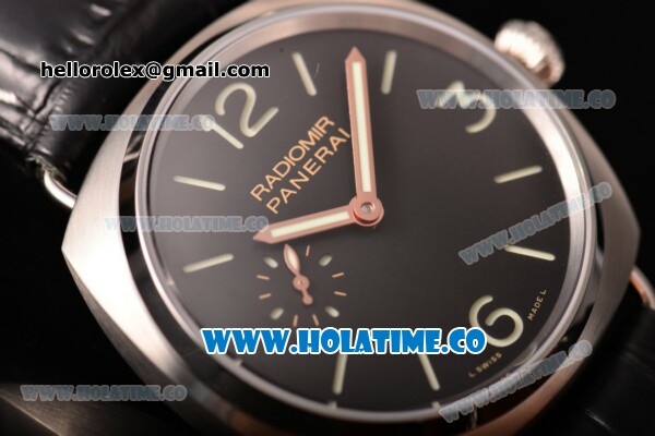 Panerai Radiomir PAM 337 Clone P.999 Manual Winding Steel Case with Black Dial Stick/Arabic Numeral Markers and Black Leather Strap (KW) - Click Image to Close