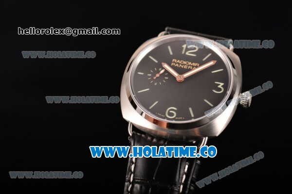 Panerai Radiomir PAM 337 Clone P.999 Manual Winding Steel Case with Black Dial Stick/Arabic Numeral Markers and Black Leather Strap (KW) - Click Image to Close