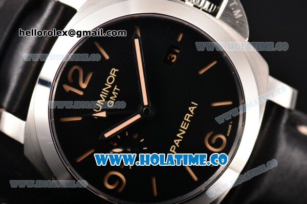 Panerai Luminer GMT PAM586 Clone P.9000 Automatic Steel Case with Black Dial and Yellow Stick/Arabic Numeral Markers - 1:1 Original (ZF) - Click Image to Close