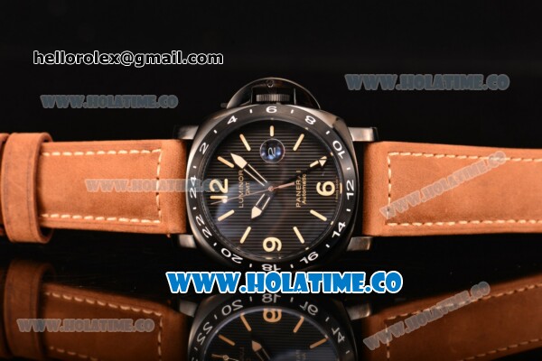 Panerai Luminor GMT PAM 029 B Asia Automatic PVD Case with Black Dial Brwon Leather Strap with Stick/Arabic Numeral Markers - Click Image to Close