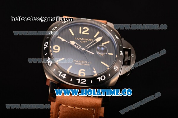 Panerai Luminor GMT PAM 029 B Asia Automatic PVD Case with Black Dial Brwon Leather Strap with Stick/Arabic Numeral Markers - Click Image to Close