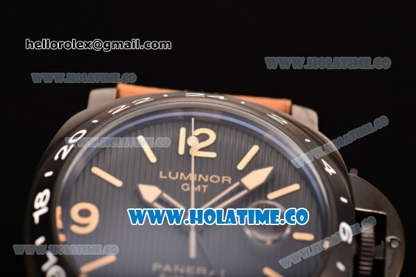 Panerai Luminor GMT PAM 029 B Asia Automatic PVD Case with Black Dial Brwon Leather Strap with Stick/Arabic Numeral Markers - Click Image to Close
