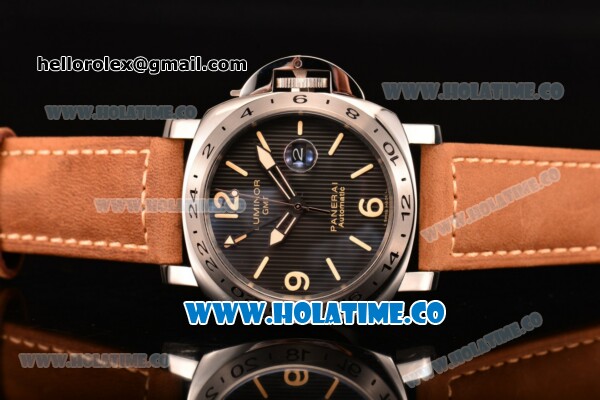 Panerai Luminor GMT PAM 029 Asia Automatic Steel Case with Black Dial Brwon Leather Strap and Stick/Arabic Numeral Markers - Click Image to Close