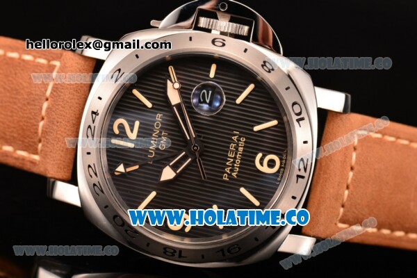 Panerai Luminor GMT PAM 029 Asia Automatic Steel Case with Black Dial Brwon Leather Strap and Stick/Arabic Numeral Markers - Click Image to Close