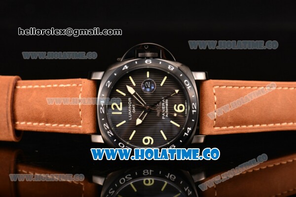 Panerai Luminor GMT PAM 029 P Asia Automatic PVD Case with Black Dial Stick/Arabic Numeral Markers and Brwon Leather Strap - Click Image to Close