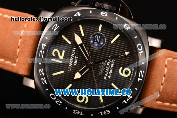 Panerai Luminor GMT PAM 029 P Asia Automatic PVD Case with Black Dial Stick/Arabic Numeral Markers and Brwon Leather Strap - Click Image to Close