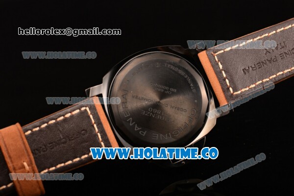 Panerai Luminor GMT PAM 029 P Asia Automatic PVD Case with Black Dial Stick/Arabic Numeral Markers and Brwon Leather Strap - Click Image to Close