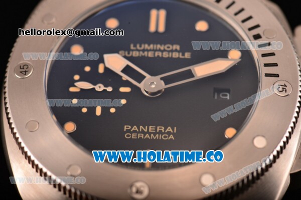 Panerai PAM 305 Luminor Submersible 1950 3 Days Automatic Ceramica Asia ST Automatic Steel Case with Black Dial Dot Markers and Brown Leather Strap - Click Image to Close