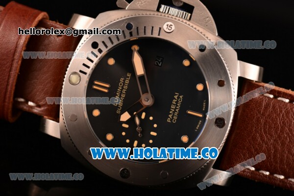 Panerai PAM 305 Luminor Submersible 1950 3 Days Automatic Ceramica Asia ST Automatic Steel Case with Brown Leather Strap Yellow Markers and Black Dial - Click Image to Close