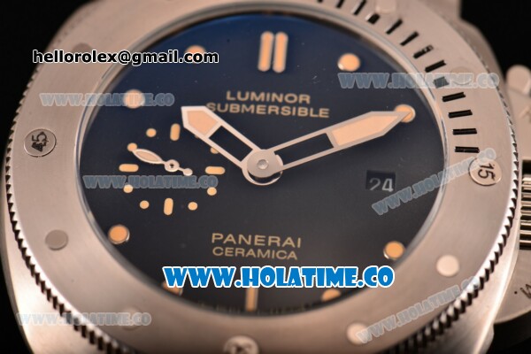 Panerai PAM 305 Luminor Submersible 1950 3 Days Automatic Ceramica Asia ST Automatic Steel Case with Brown Leather Strap Yellow Markers and Black Dial - Click Image to Close