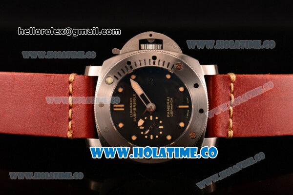 Panerai PAM 305 Luminor Submersible 1950 3 Days Automatic Ceramica Asia ST Automatic Steel Case with Yellow Markers Red Leather Strap and Black Dial - Click Image to Close