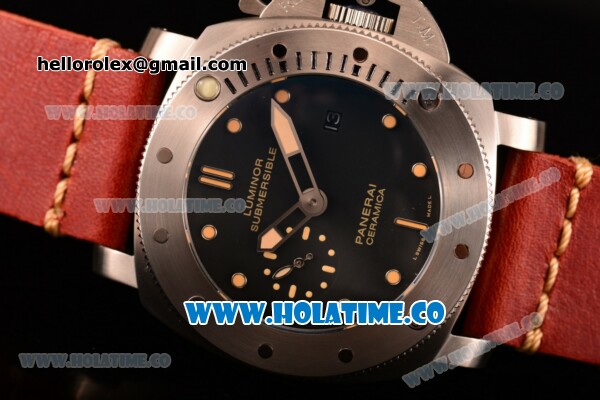 Panerai PAM 305 Luminor Submersible 1950 3 Days Automatic Ceramica Asia ST Automatic Steel Case with Yellow Markers Red Leather Strap and Black Dial - Click Image to Close
