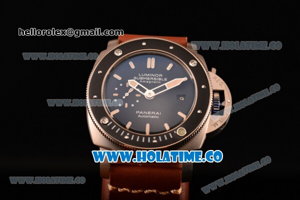 Panerai PAM 389 Luminor Submersible 1950’s Amagnetic 3 Days Automatic Titanio Titanium Case with Black Dial Stick Markers and Brown Leather Strap - Click Image to Close