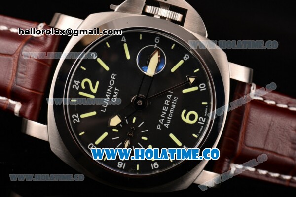 Panerai Firenze GMT PAM228 Automatic Movement Black Dial with Green Markers and Brown Leather Strap - Click Image to Close