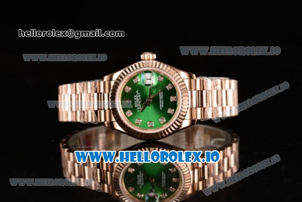 Rolex Datejust Swiss ETA 2671 Automatic Rose Gold Case with Green Dial Diamonds Markers and Rose Gold Bracelet (BP) - Click Image to Close