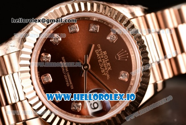 Rolex Datejust Swiss ETA 2671 Automatic Rose Gold Case with Brown Dial Diamonds Markers and Rose Gold Bracelet (BP) - Click Image to Close
