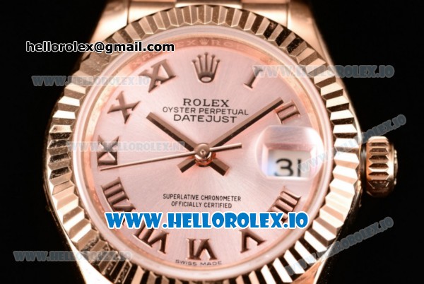 Rolex Datejust Swiss ETA 2671 Automatic Rose Gold Case with Pink Dial Roman Numeral Markers and Rose Gold Bracelet (BP) - Click Image to Close