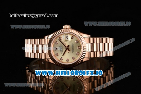 Rolex Datejust Swiss ETA 2671 Automatic Rose Gold Case with Yellow Dial Diamonds Markers and Rose Gold Bracelet (BP) - Click Image to Close