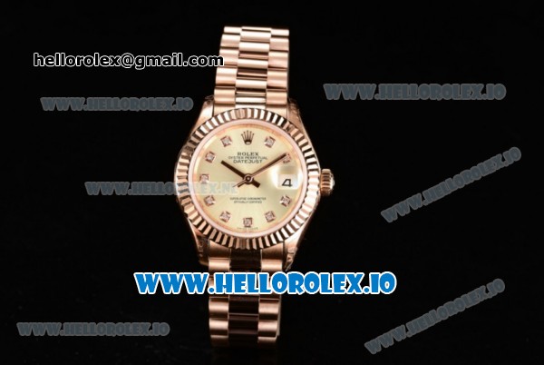 Rolex Datejust Swiss ETA 2671 Automatic Rose Gold Case with Yellow Dial Diamonds Markers and Rose Gold Bracelet (BP) - Click Image to Close