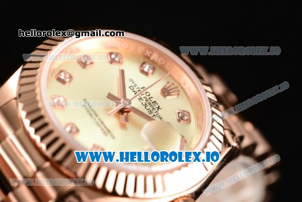 Rolex Datejust Swiss ETA 2671 Automatic Rose Gold Case with Yellow Dial Diamonds Markers and Rose Gold Bracelet (BP) - Click Image to Close
