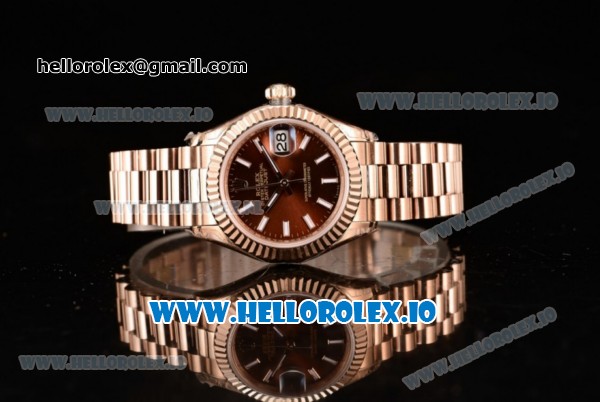 Rolex Datejust Swiss ETA 2671 Automatic Rose Gold Case with Brown Dial Stick Markers and Rose Gold Bracelet (BP) - Click Image to Close